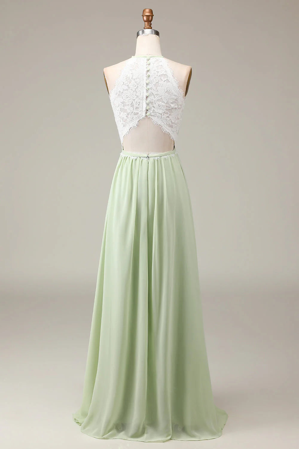 Vestido de dama de honor con escote halter, encaje y gasa, corte A, largo hasta el suelo